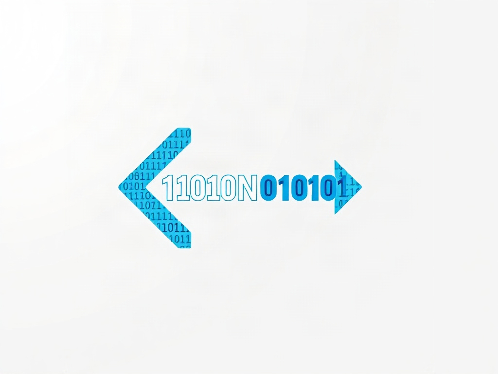 A minimalist logo mark symbolizing digital transformation: an abstract arrow formed by binary code, in blue and white, on a transparent background. Clean vector style, 8k render, professional.